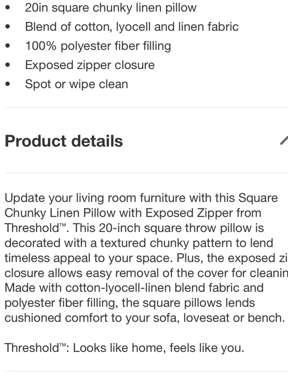 THRESHOLD NWT Square Chunky Linen Pillow with Exposed Zipper Sour Cream
